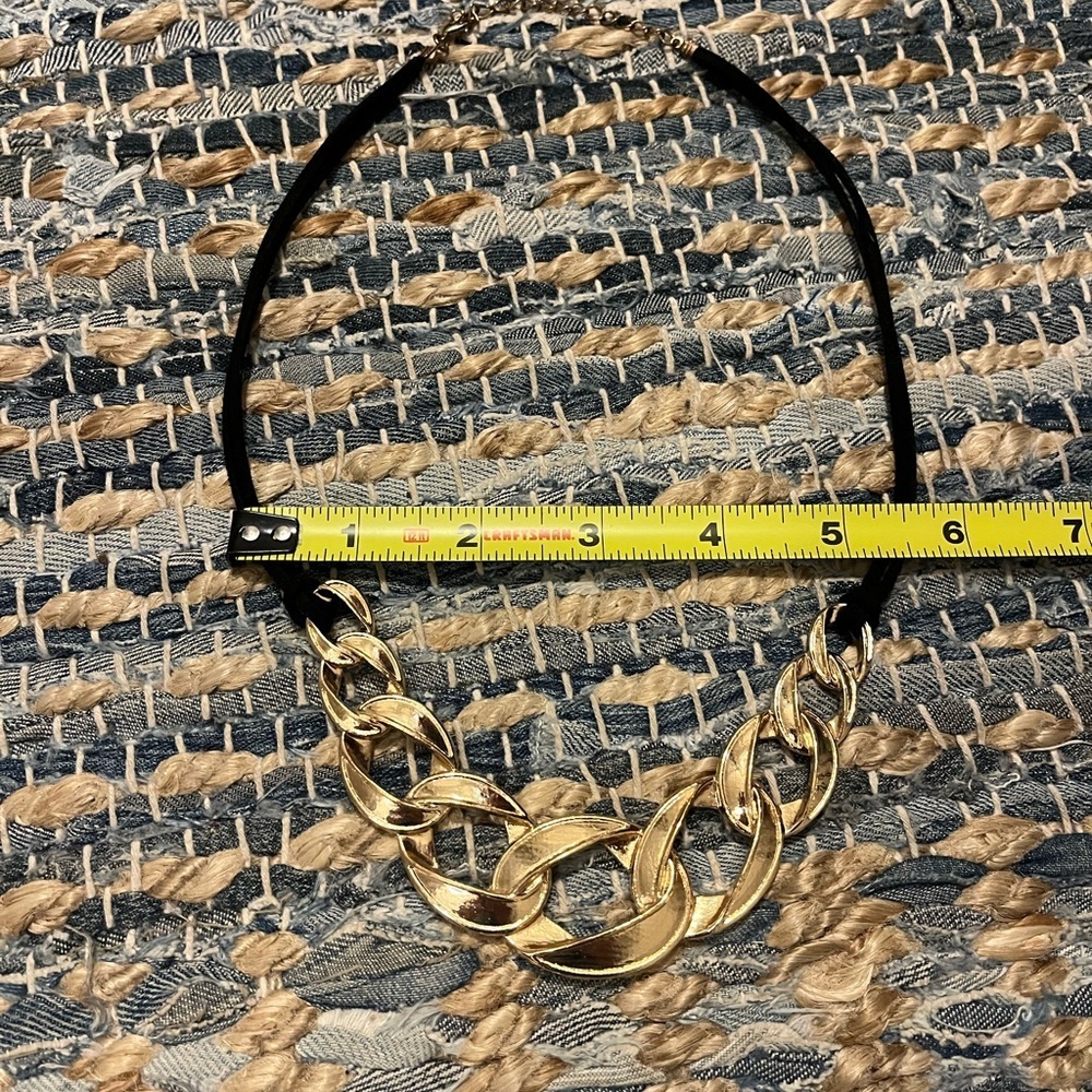 Gold tone metal and black cord Statement Necklace - Picture 5 of 5